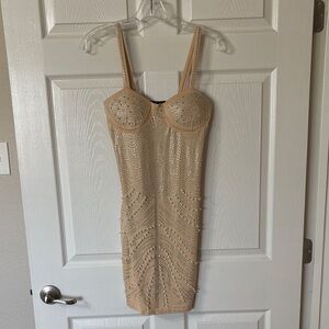 J&B Beige Bodycon Dress with Rhinestones and Pearls size Small